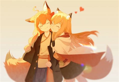 Wallpaper Anime Fox Girls Animal Ears Friends Orange