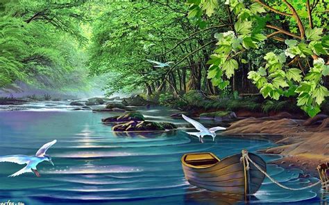 Beautiful Landscape River Green Trees Birds Boat