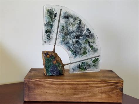 An Ode To Minerals Made Of Rock Fused Glass And Metal On Wooden Base By Beth Erez 35x36x18 Cm