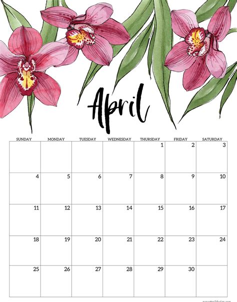 Cute April 2021 Wall Calendar Flower Calendar Print Calendar Free