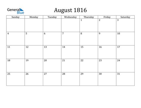 August 1816 Calendar Pdf Word Excel