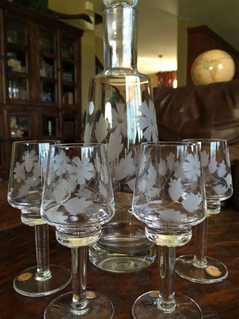 Very antique set of crystal decanter and six(6) liqueur/ port wine glasses from the val saint description: Romanian Etched Cordial Glasses and Decanter Set of 4 ...