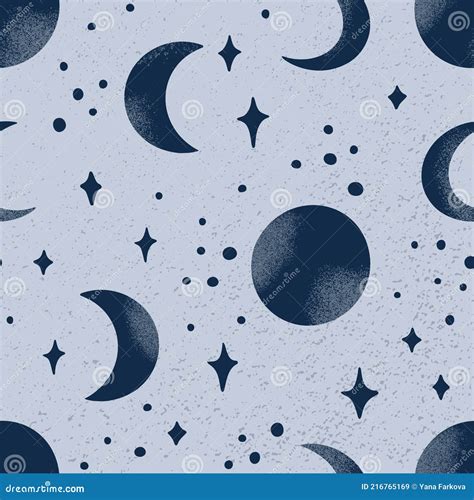Moon And Stars Seamless Pattern With Textures Retro Style Crescent