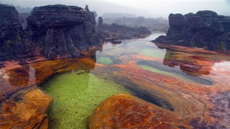 Rock On Body Of Water And Landscape Of Mount Roraima Venezuela Hd