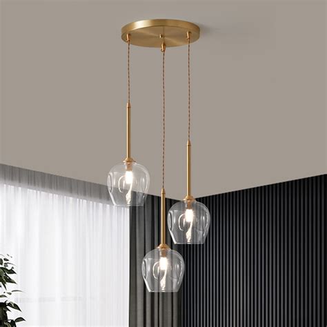 Mid Century Modern Brass 3 Light Round Canopy Pendant Lighting With Clear Glass Shade For