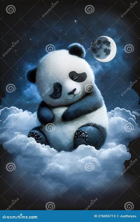 Baby Panda Sleeping On Cloud With Starry Sky Illustration Generative