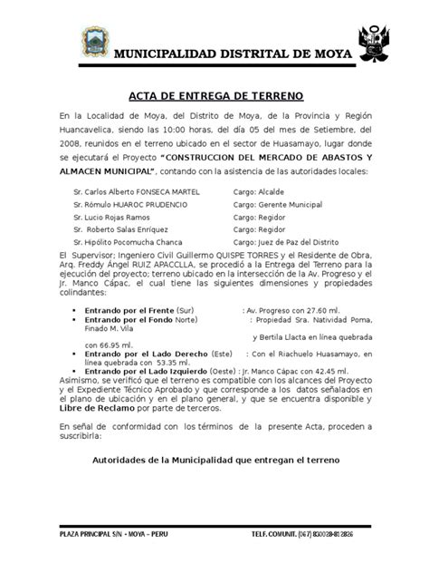 Acta De Entrega De Terreno Y Otros Para Obras Gobierno Local Alcalde