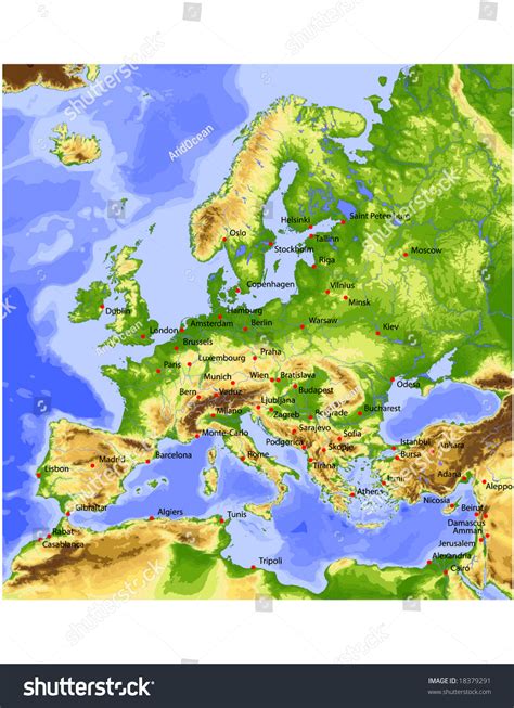 Europe Physical Vector Map Colored According To