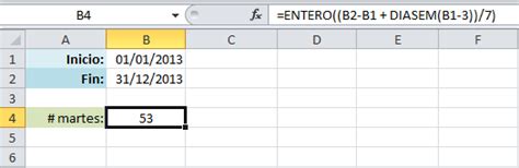 Contar las apariciones de un día entre dos fechas en Excel Excel Total