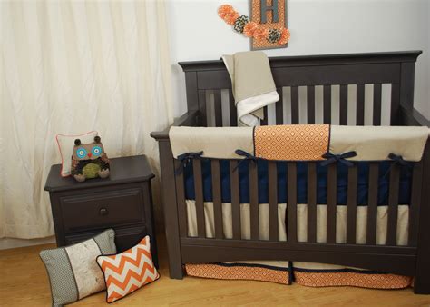 Home design blog by equtrails for pretty orange crib bedding sets. Tan and orange crib bedding with navy for a woodland theme ...