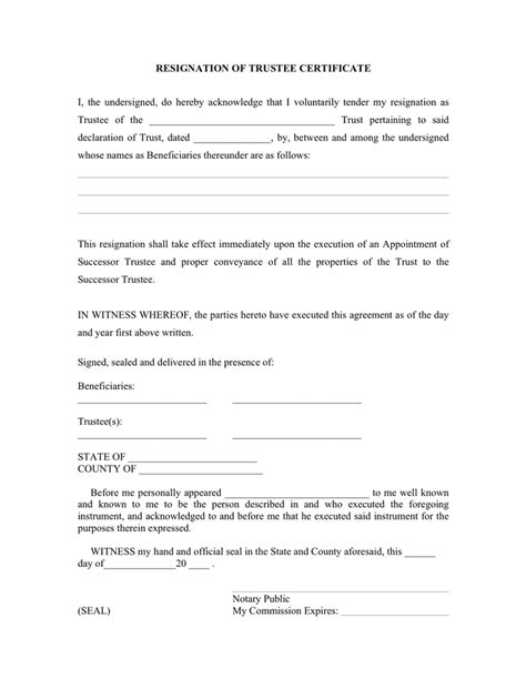 Resignation Of Trustee Certificate In Word And Pdf Formats