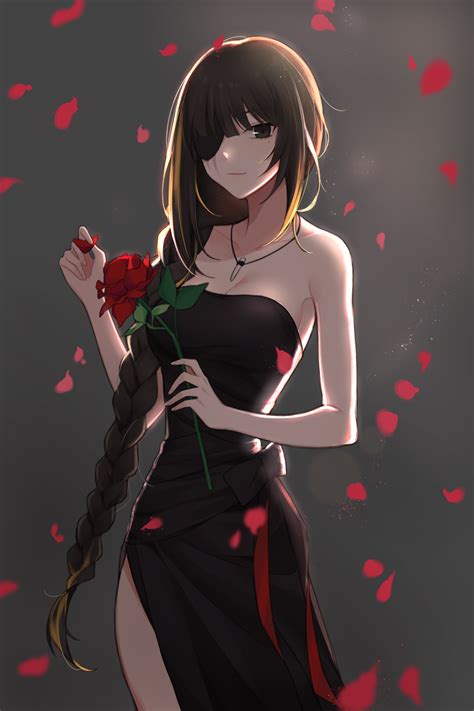 A Woman In A Black Dress Holding A Red Rose With Petals Falling Around Her Neck