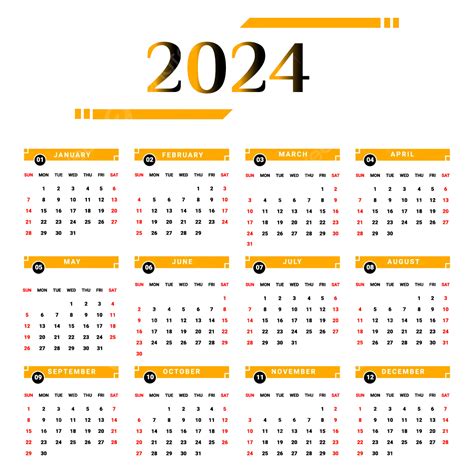 2024 Jahreskalender Mit Gelb Und Schwarz Vektor Kalender Kalender