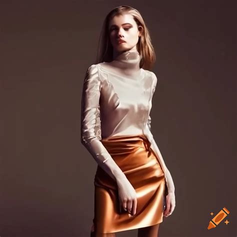 White Lace Turtleneck Top And Satin Copper Mini Skirt