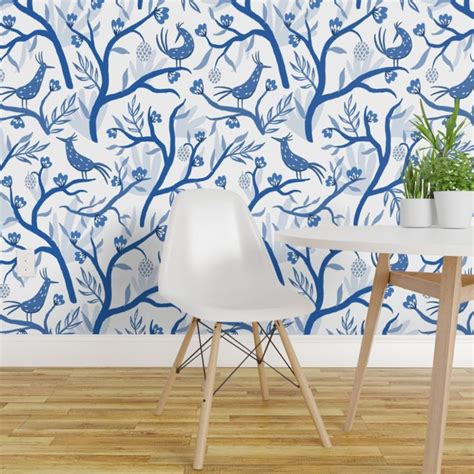 Peel And Stick Removable Wallpaper Bird Chinoiserie Animal Blue And