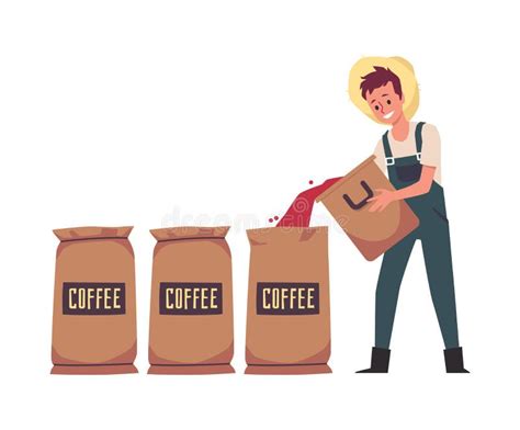 Coffee Farmer Filling Sacks With Coffee Beans A Vector Flat