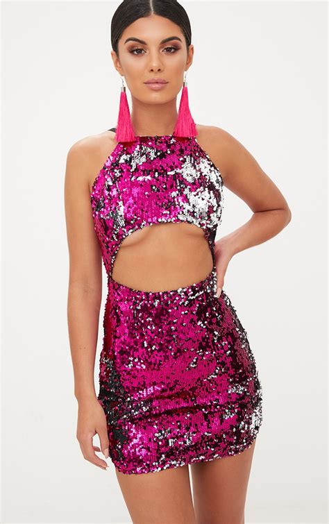 Pink Sequin Cut Out Bodycon Dress Prettylittlething