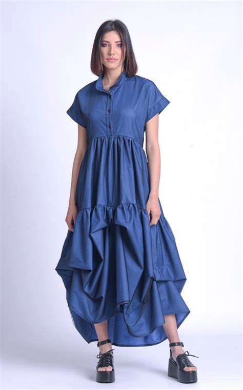High Waist Maxi Dressmesh Layer Dressasymmetric Blue Dress Etsy