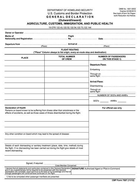 Form 7507 General Declaration Agriculture Customs Immigration