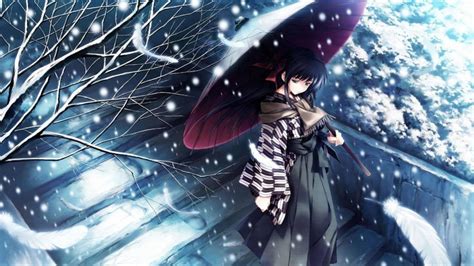 Download Anime Girl Sad Alone With Parasol Winter Aesthetic Wallpaper Wallpapers Com