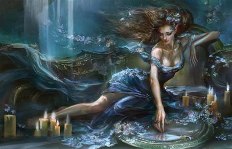 Wallpaper Fantasy Art Fantasy Girl Blue Dress Artwork Candles Mythology Screenshot