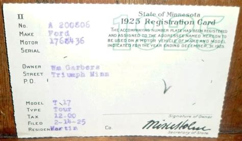 Check spelling or type a new query. Model T Ford Forum: 1925 Minnesota Registration Card