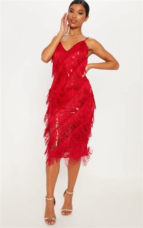 red sequin tassel strappy midi dress prettylittlething qa
