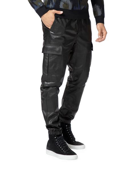 men s genuine leather cargo track pants etsy