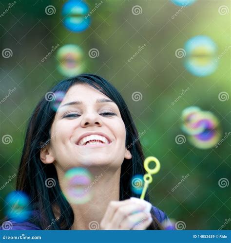 Smiling Lady Blowing Bubbles Stock Image Image Of Girl Blow 14052639