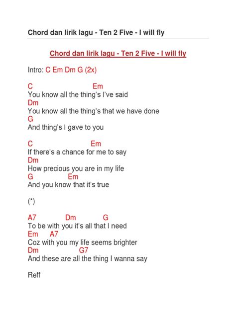 Chord Dan Lirik Lagu Ten 2 Five I Will Fly Pdf