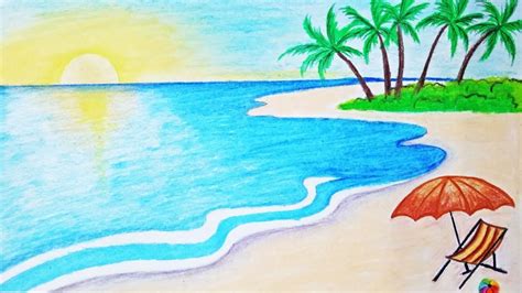 Continue until the entire tree is thus enclosed. How to draw a scenery of sea beach Step by step (easy draw) - YouTube | Beach drawing, Landscape ...