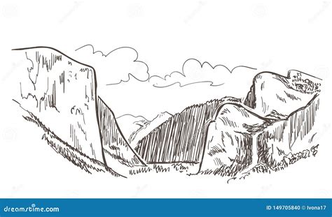 Mountains Rock Valley Cliff View Vector Sketch Landscape Line