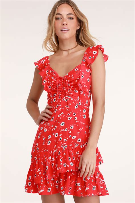 Cute Red Dress Floral Print Dress Ruffled Dress Day Dress Lulus