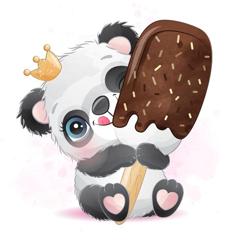 Cute Little Panda With Watercolor Illustration 2063708 Vector Art At