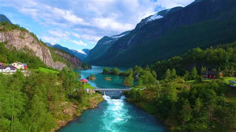 Beautiful Nature Norway natural landscape. Aerial footage lovatnet lake ...