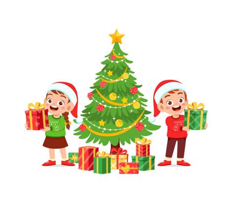 Niños Feliz Abriendo Regalos De Navidad Vectores Libres De Derechos
