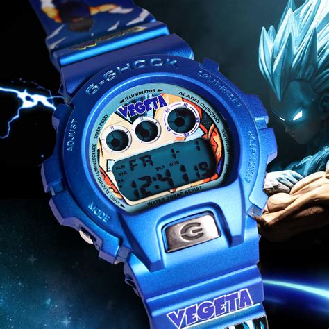 The orange body and watch bands are covered in dragon ball illustrations and graphic elements, including scenes of training and growth of son goku. G-Shock Vegeta Dragon Ball Custom Design DW-6900 Blue Satin Watch - Custom Gorillas