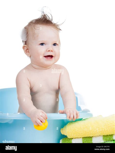 Adorable Child Boy Taking Bath In Blue Tub Stock Photo Alamy