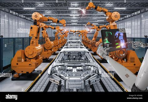 3d Rendering Cyborg Control Robot Assembly Line In Car Factory Stock