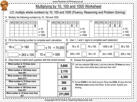 Multiplying By 10 100 And 1000 Worksheet Maths Year 5