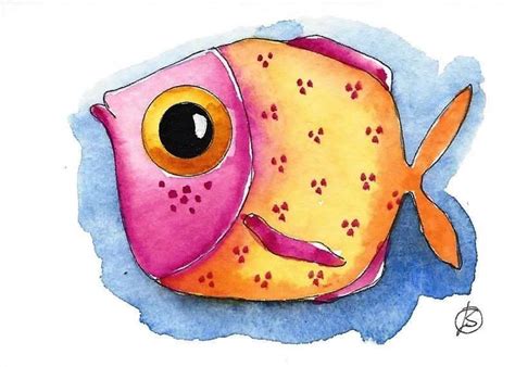 Aceo Original Watercolor Art Painting Whimsical Fish Art Orange Fish