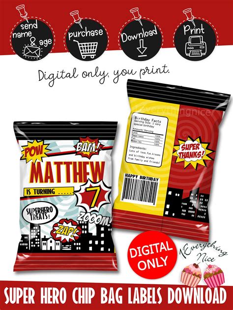 Digital Download Super Hero Super Man Superhero Theme Chip Bag Labels
