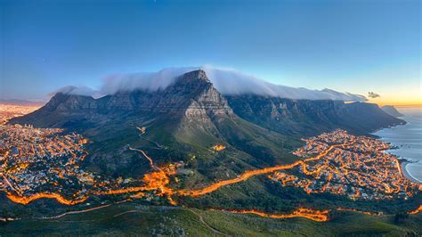 Lightning Ways And Cities Near Green Covered Moutains Cape Town City