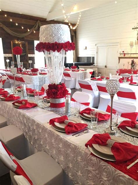 Pin By Whimzey Events On Centerpieces White Wedding Decorations Red
