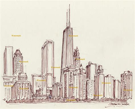 Chicago Skyline 051z Pen And Ink Drawing Of Streeterville