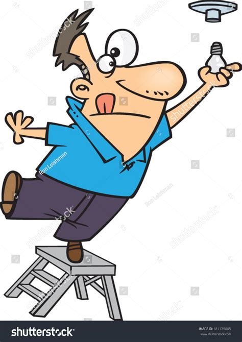 Cartoon Man On A Step Ladder Changing A Light Bulb Stock Vector