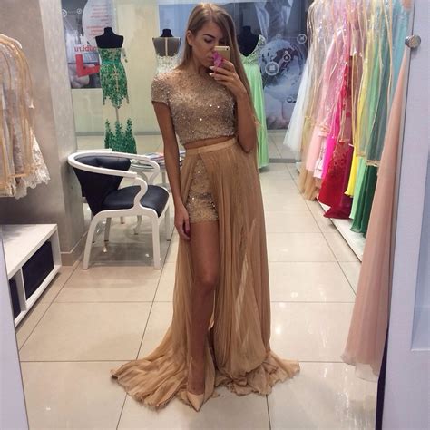 Gorgeous Beading Crystals Two Piece Prom Dresses 2016 Sexy Short Pants