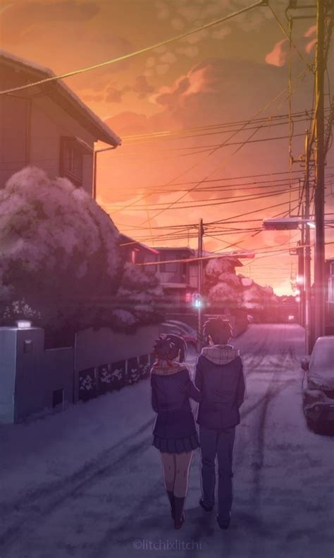 Download 480x800 Anime Landscape Scenic Snow Couple