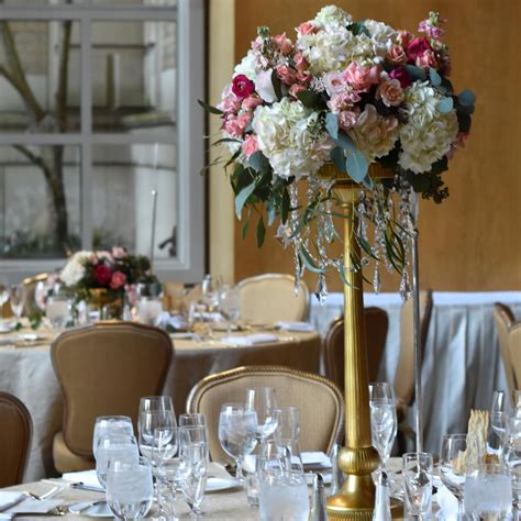 Centerpiece Tall Gold Stand Seattle Wedding Flowers By Posh