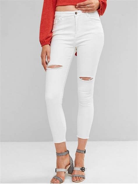[34 Off] 2021 Ripped Frayed Hem Skinny Jeans In White Zaful